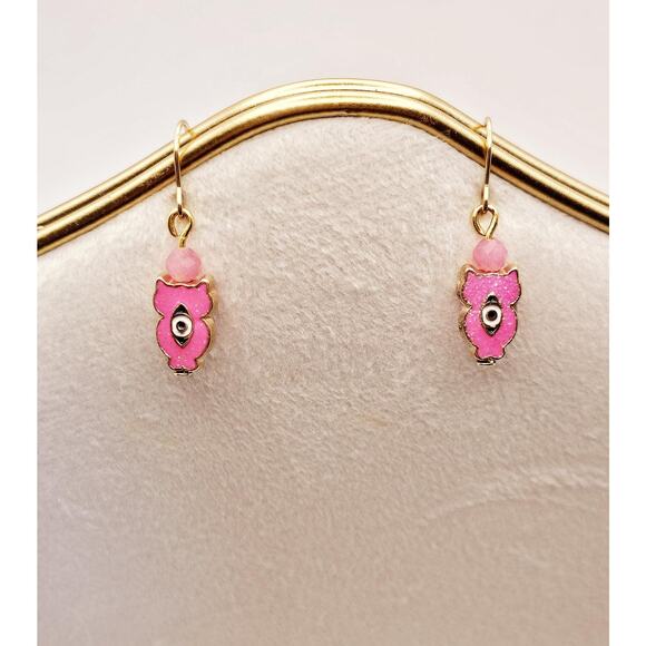Pink Glitter Enamel Owl Earrings Evil Eye Drop Gold Plated Hook Wire Rose Quartz - Picture 3 of 6